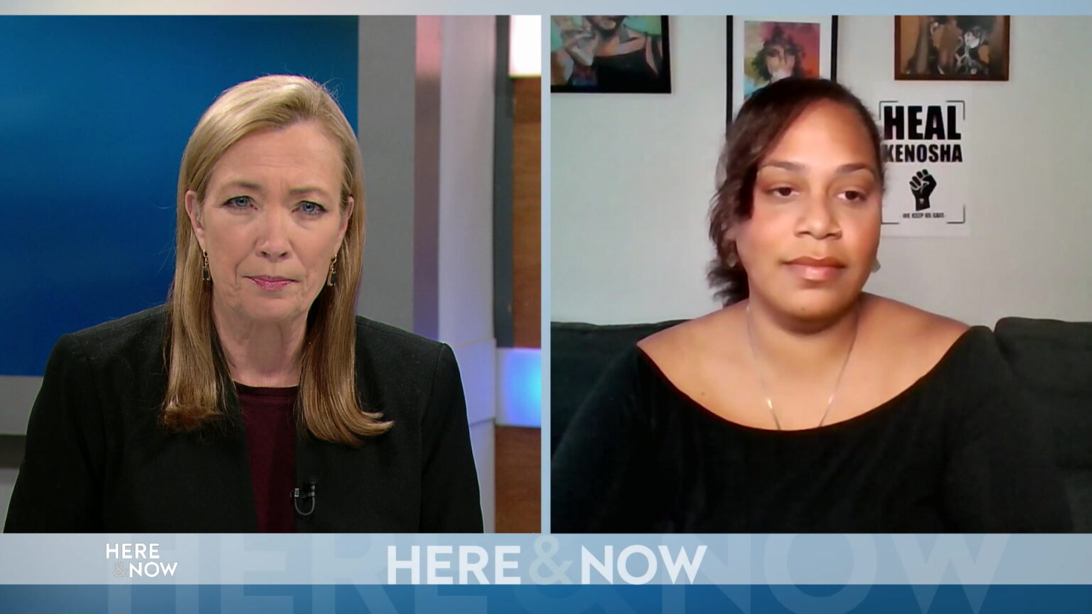 From left to right, a split screen with Frederica Freyberg and Angela Lang seated in different locations