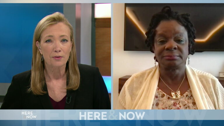 From left to right, a split screen with Frederica Freyberg and Gwen Moore seated in different locations