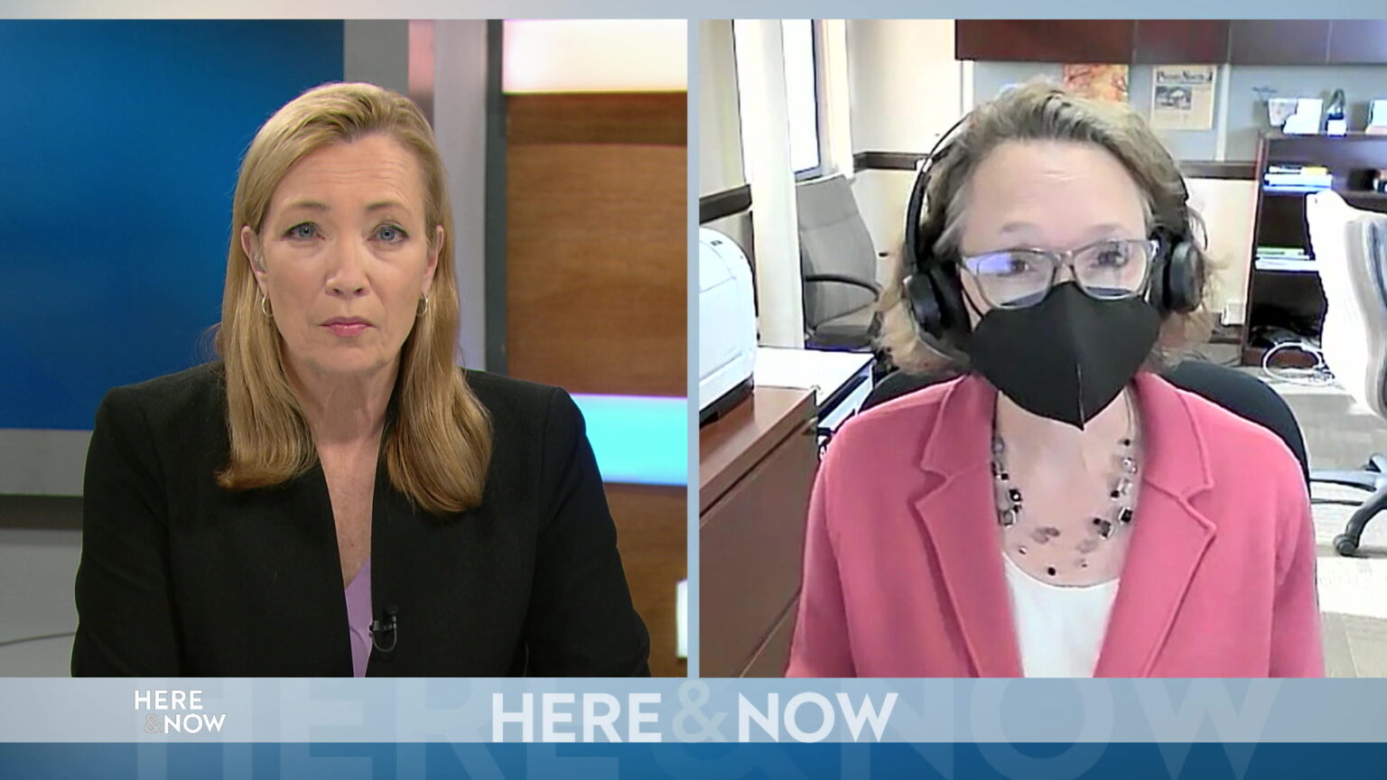 From left to right, a split screen with Frederica Freyberg and Karen Timberlake seated in different locations