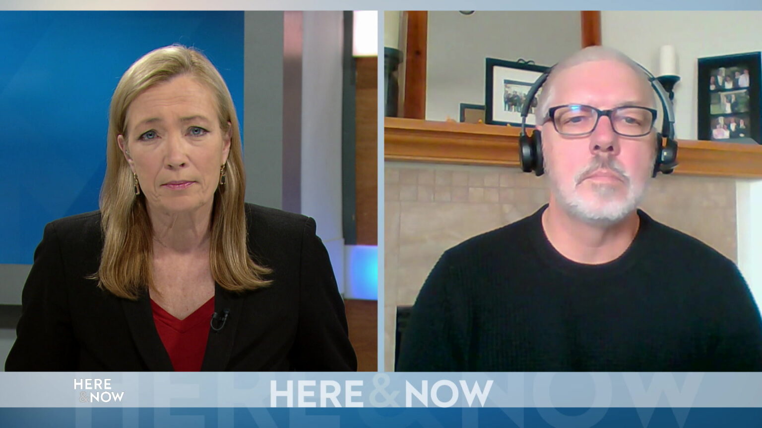 From left to right, a split screen with Frederica Freyberg and Scott Webb seated in different locations