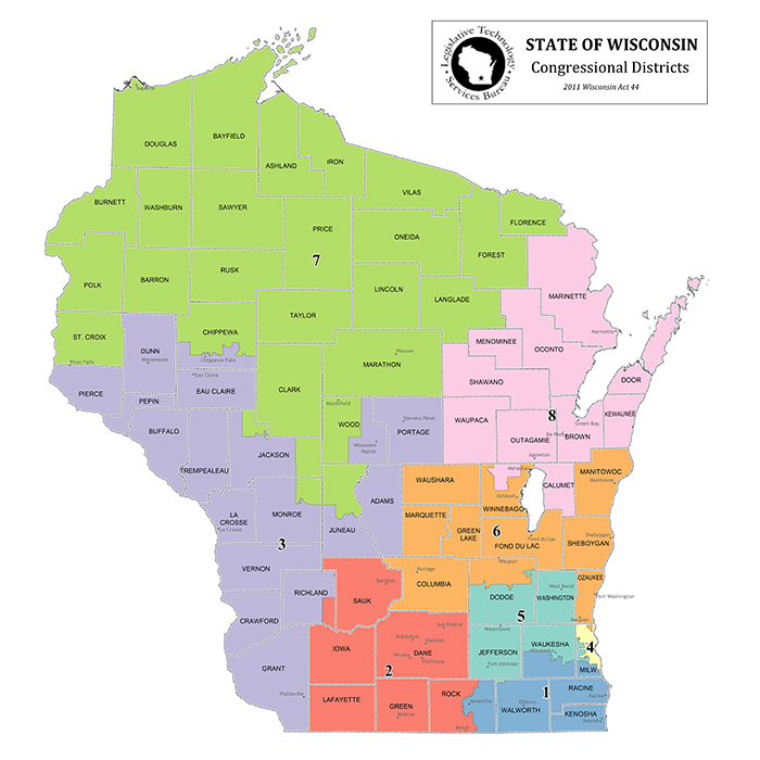 A map shows the outlines of Wisconsin's eight congressional districts put in place in 2011.