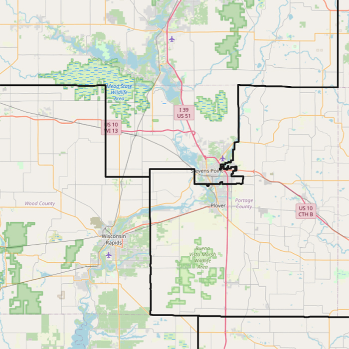 A map shows Portage County as it fits within the 7th and 8th congressional districts and the placement of surrounding areas in two other districts in in the 2021 redistricting proposal by the Wisconsin Legislature.