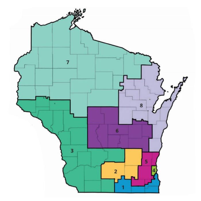 A map shows the outlines of Wisconsin's eight congressional districts in the final proposal by the People's Maps Commission for 2021.