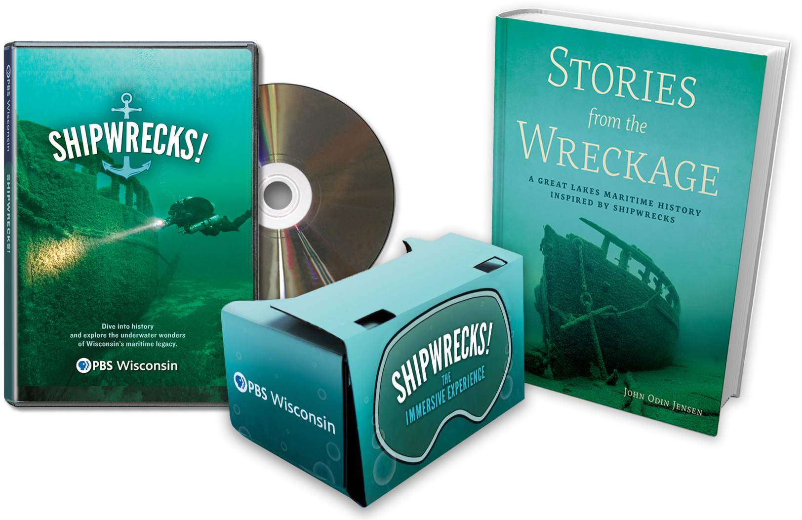 A photo composite illustration of a Shipwrecks! DVD, a book and the carton for a VR cardboard viewer