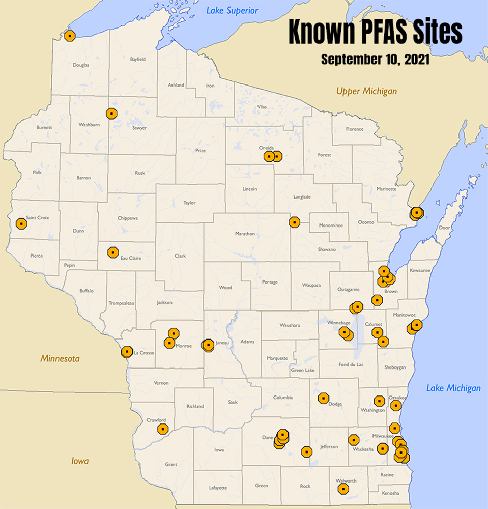 A map of Wisconsin shows known PFAS sites in Wisconsin as of Sept. 10, 2021.