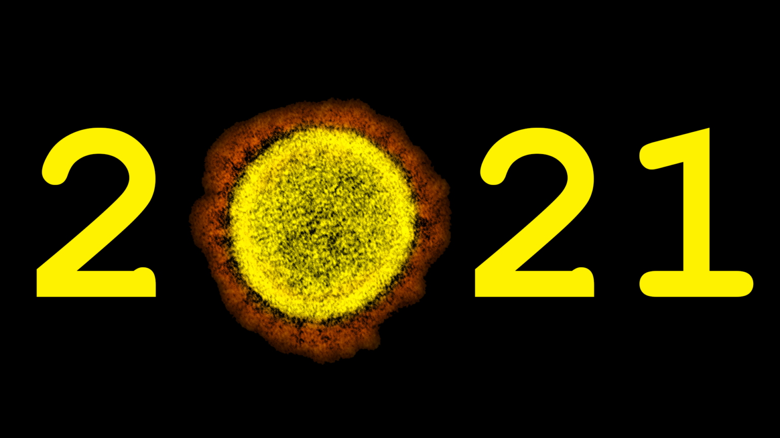 An illustration in which a transmission electron micrograph of a SARS-CoV-2 virus particle takes the place of 0 in 2021