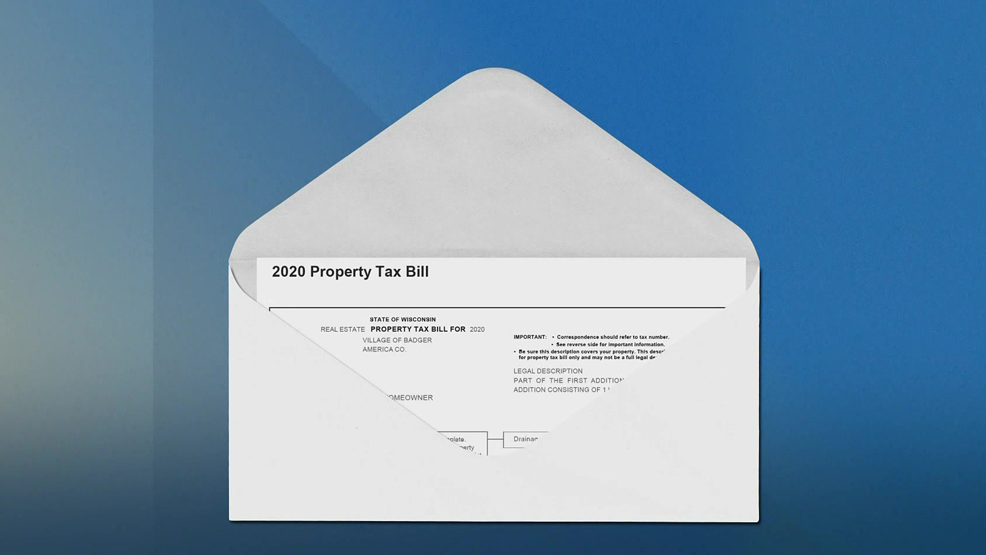 An illustration shows an open envelope with a document inside labeled "2020 Property Tax Bill."