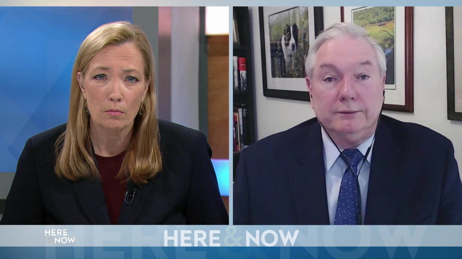 From left to right, a split screen with Frederica Freyberg and Dr. Michael Osterholm seated in different locations