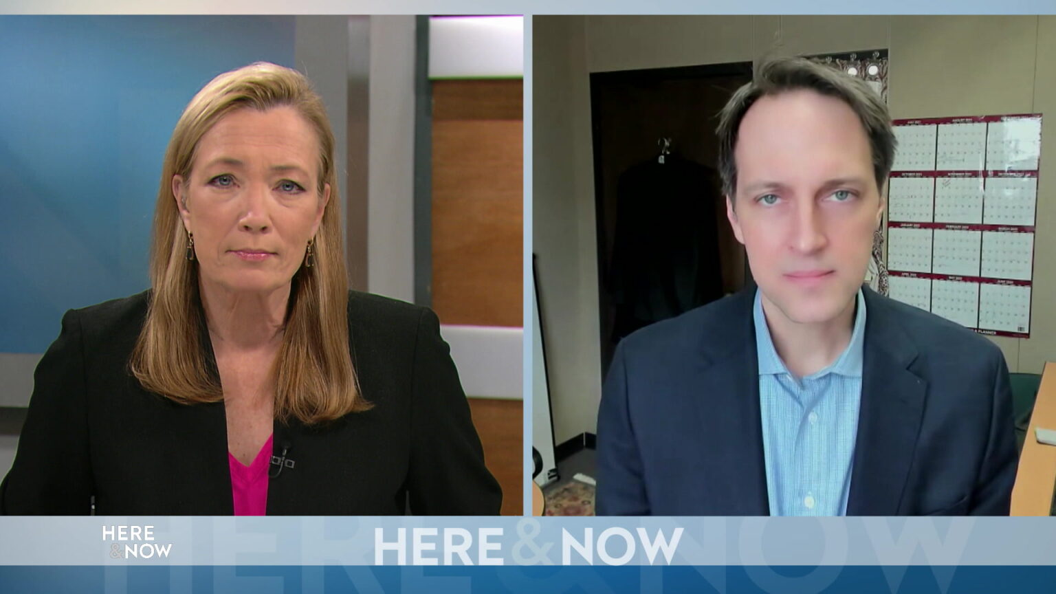 From left to right, a split screen with Frederica Freyberg and Dr. Ryan Westergaard seated in different locations