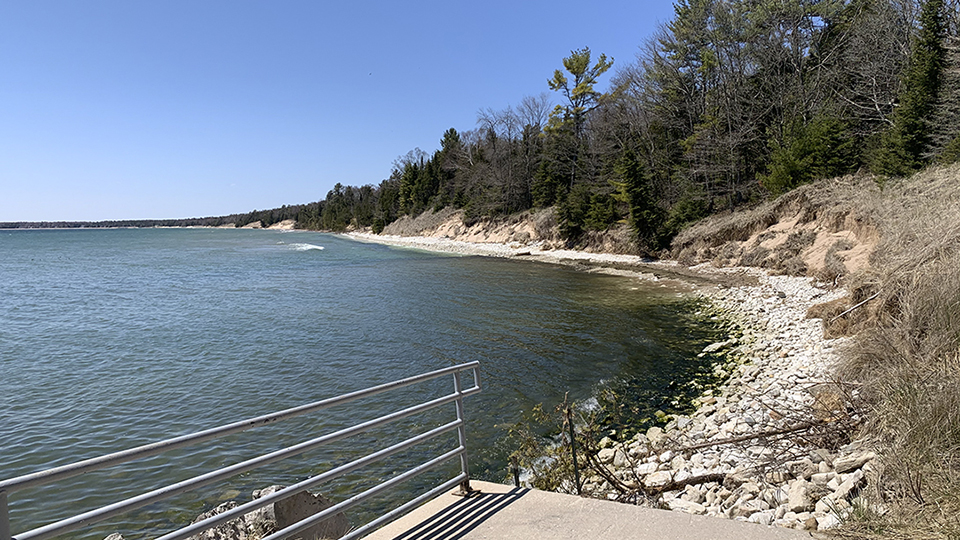 Waves flow toward a rocky beach with eroded sandy hills and trees farther inland.