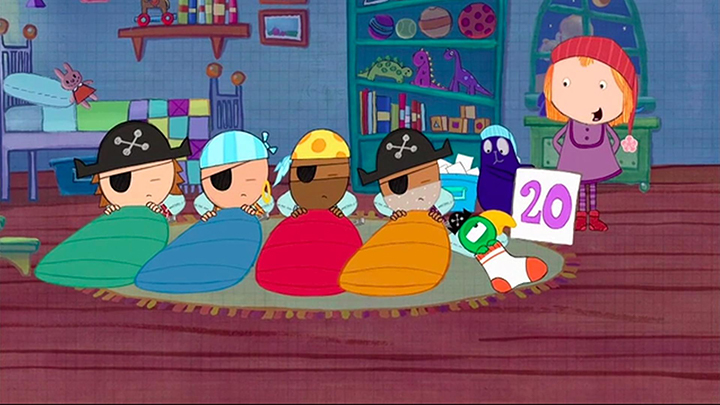 A still of an animation with four children in sleeping bags dressed up like pirates next to a bird in a sock sleeping bag, and a teacher and an assistant helping them count to twenty