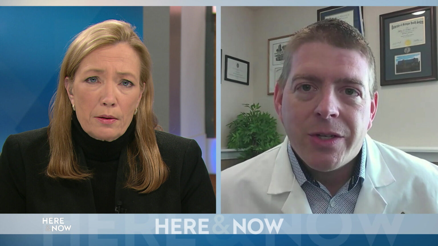 From left to right, a split screen with Frederica Freyberg and Dr. Jeffrey Pothof seated in different locations