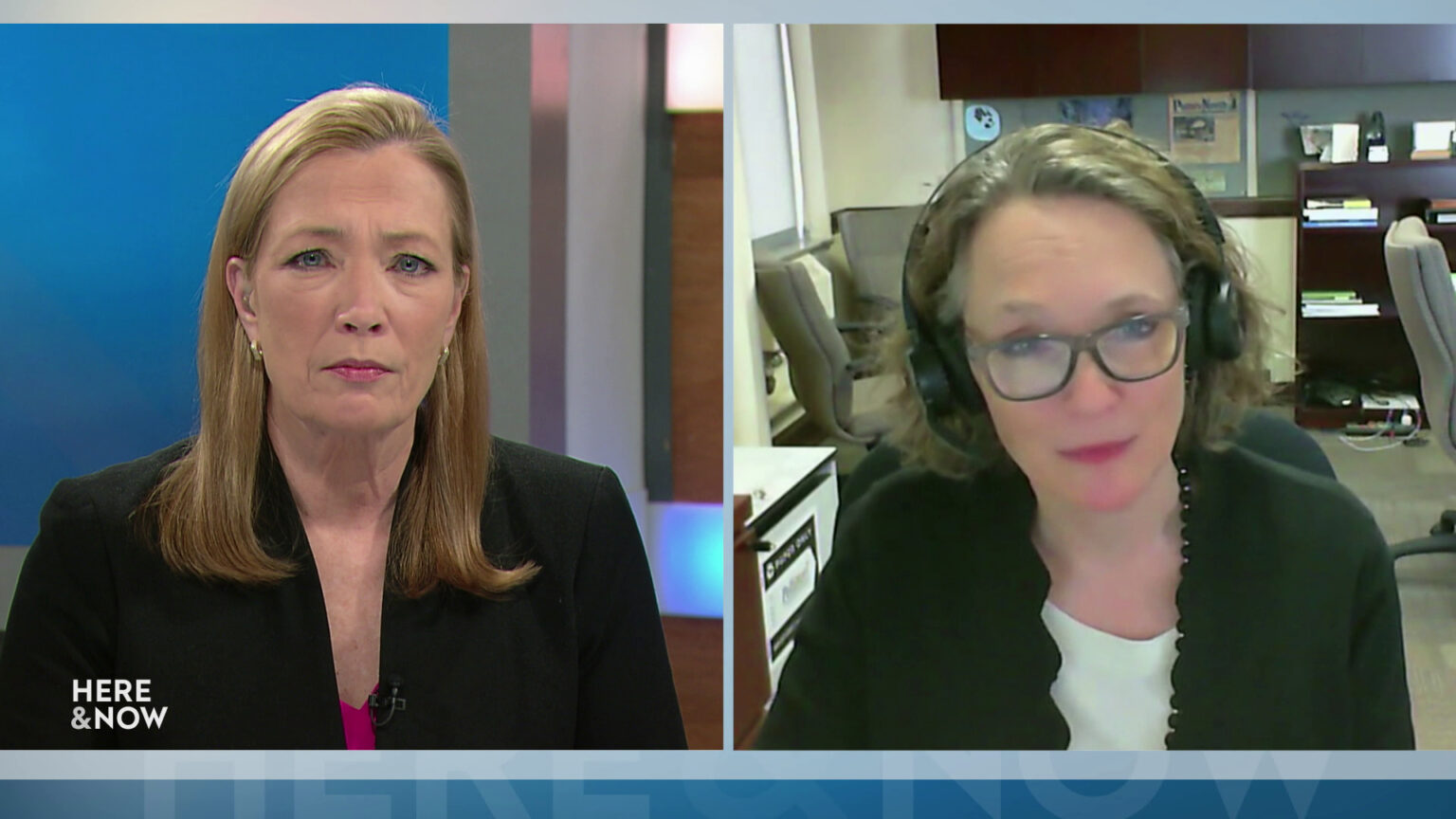 From left to right, a split screen with Frederica Freyberg and Karen Timberlake seated in different locations