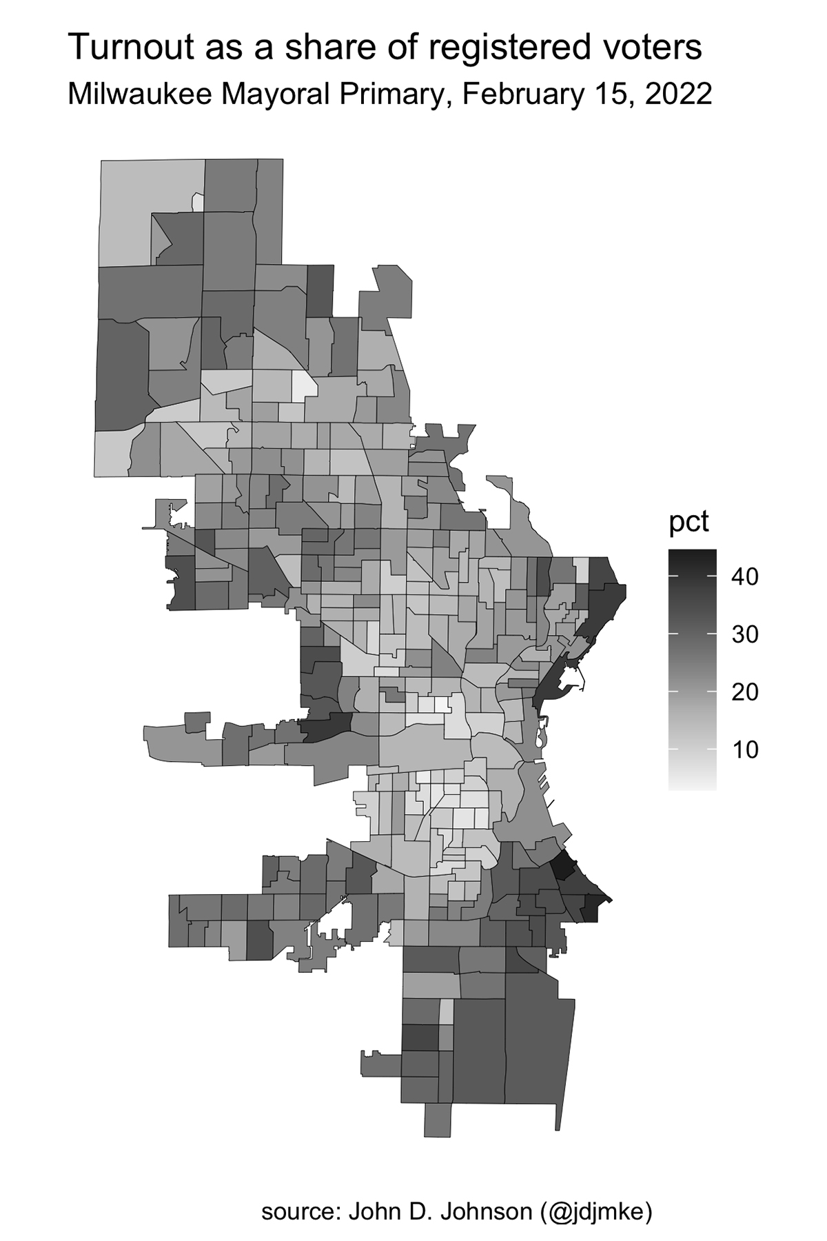 A map shows voter turnout by ward in the 2022 Milwaukee mayoral primary with shading indicating percentage levels.