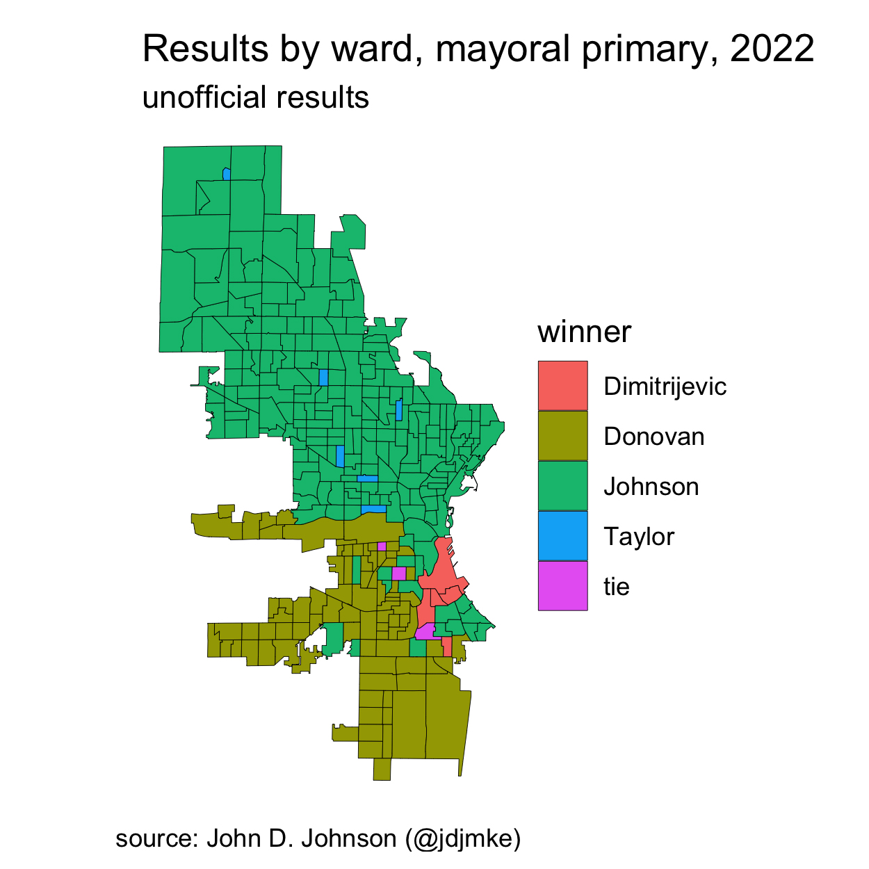 A map shows unofficial results by ward in the 2022 Milwaukee mayoral primary, with shading for Marina Dimitrijevic, Bob Donovan, Cavalier Johnson, Lena Taylor and tie votes.