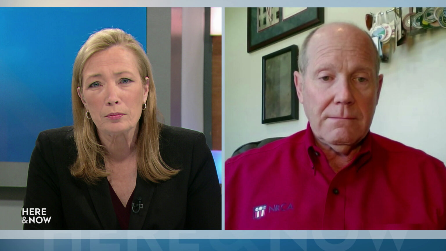 From left to right, a split screen with Frederica Freyberg and Reid Ribble seated in different locations