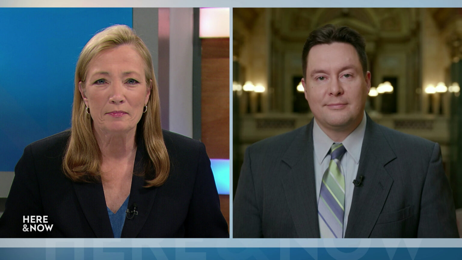 From left to right, a split screen with Frederica Freyberg and Zac Schultz in different locations