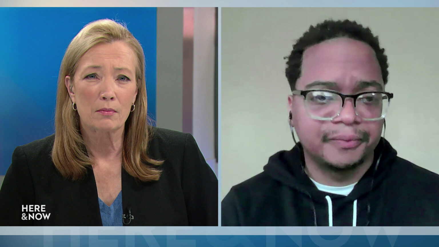 From left to right, a split screen with Frederica Freyberg and Jamaal Smith seated in different locations
