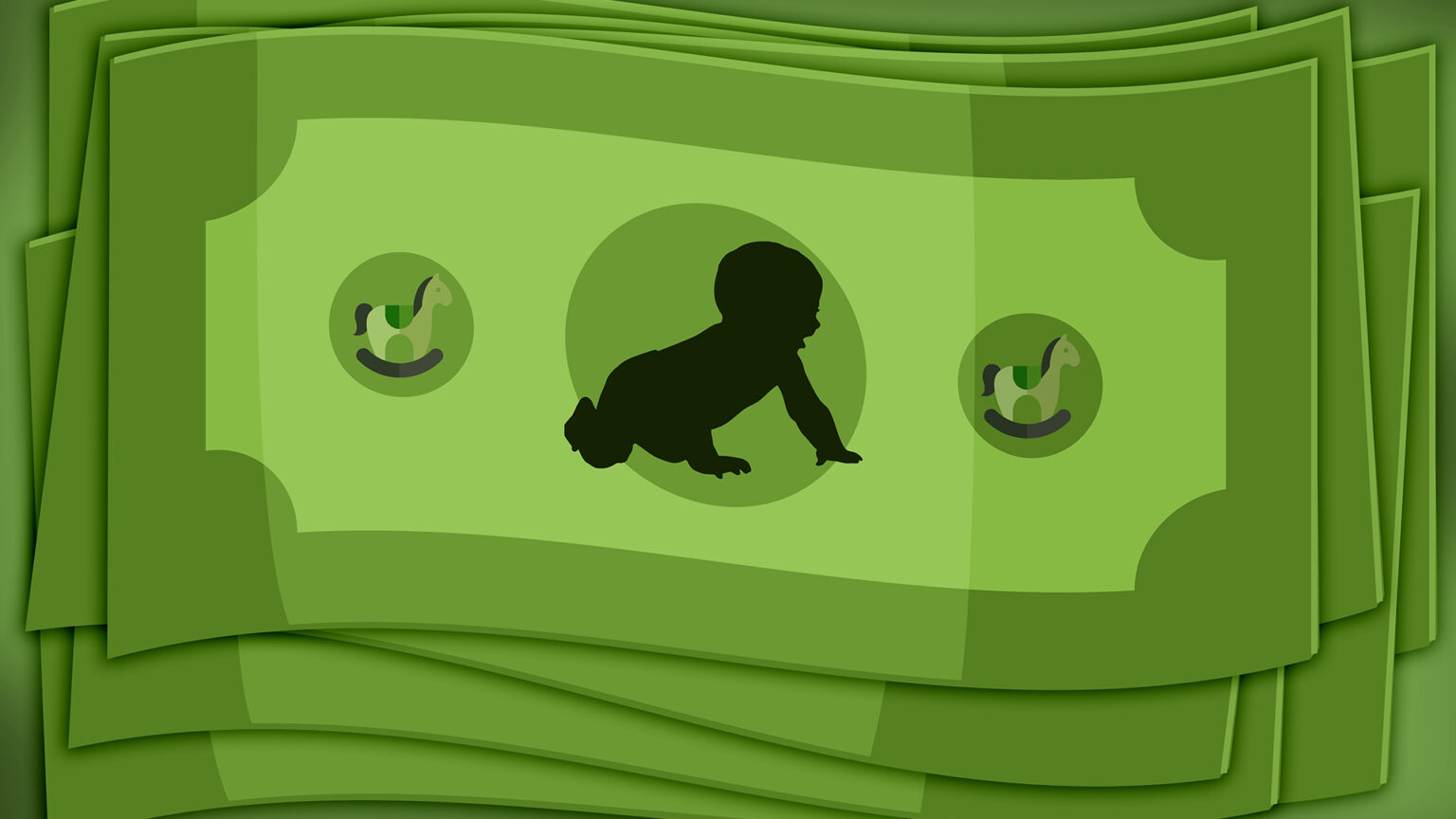 An illustration of cash shows a crawling baby as the portrait in the center and rocking horses on either side.