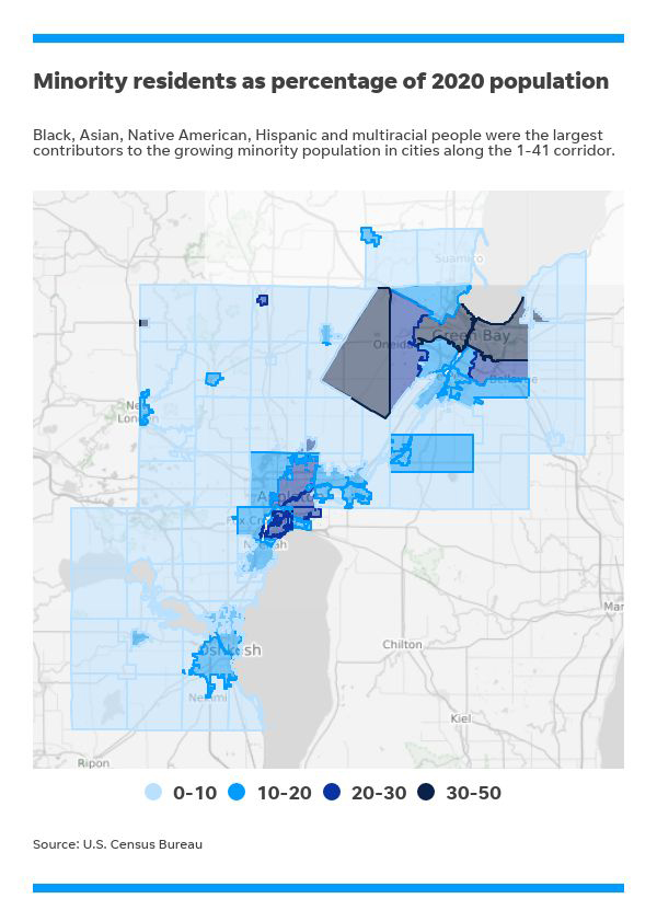 A map of a northeast Wisconsin features the title "Minority residents as a percentage of the 2020 population" and the subtitle "Black, Asian, Native American, Hispanic and multiracial people were the largest contributors to the growing minority population in cities along the I-41 corridor."