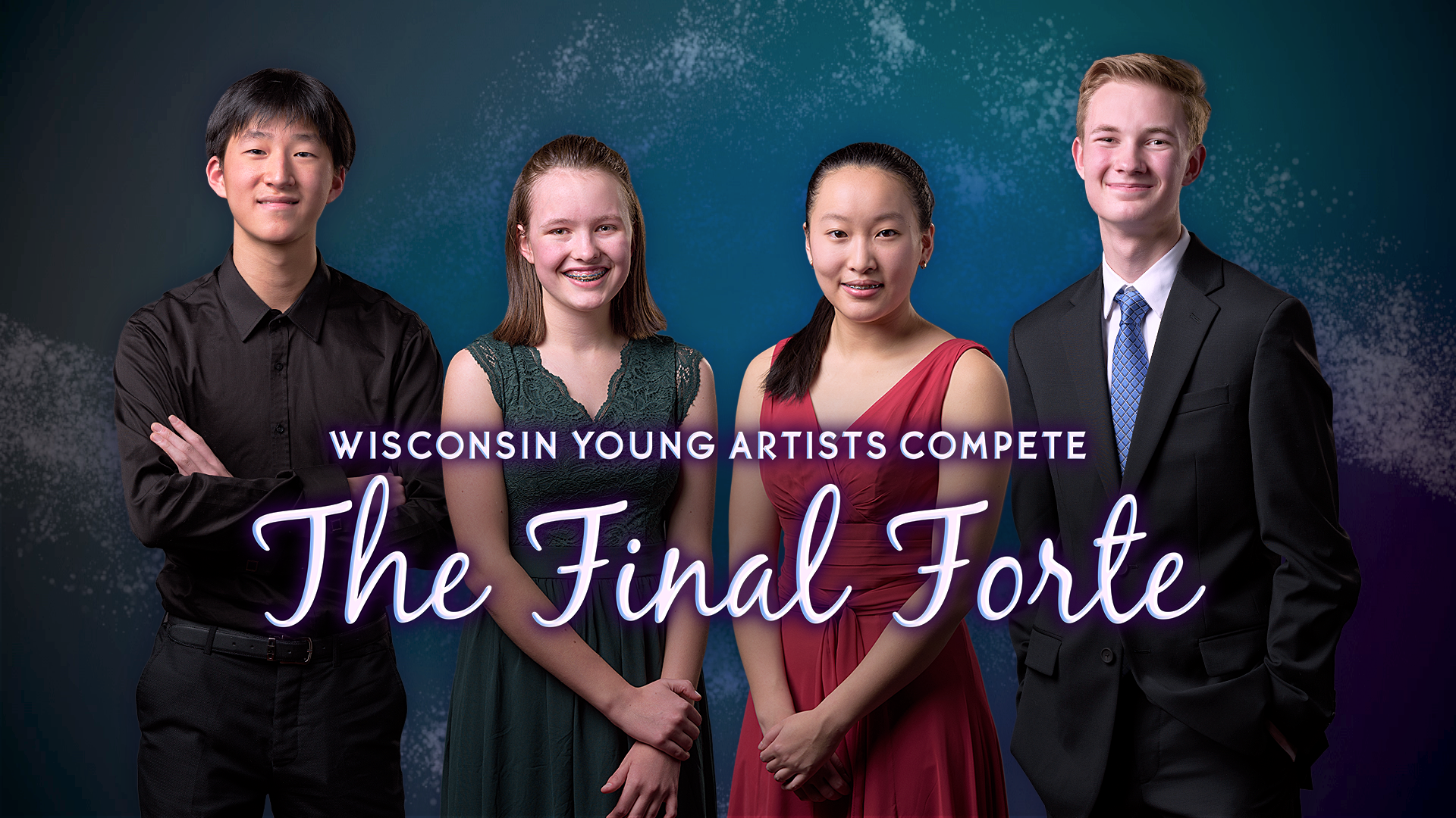 Four young musicians, the Final Forte finalists, pose together in formal attire