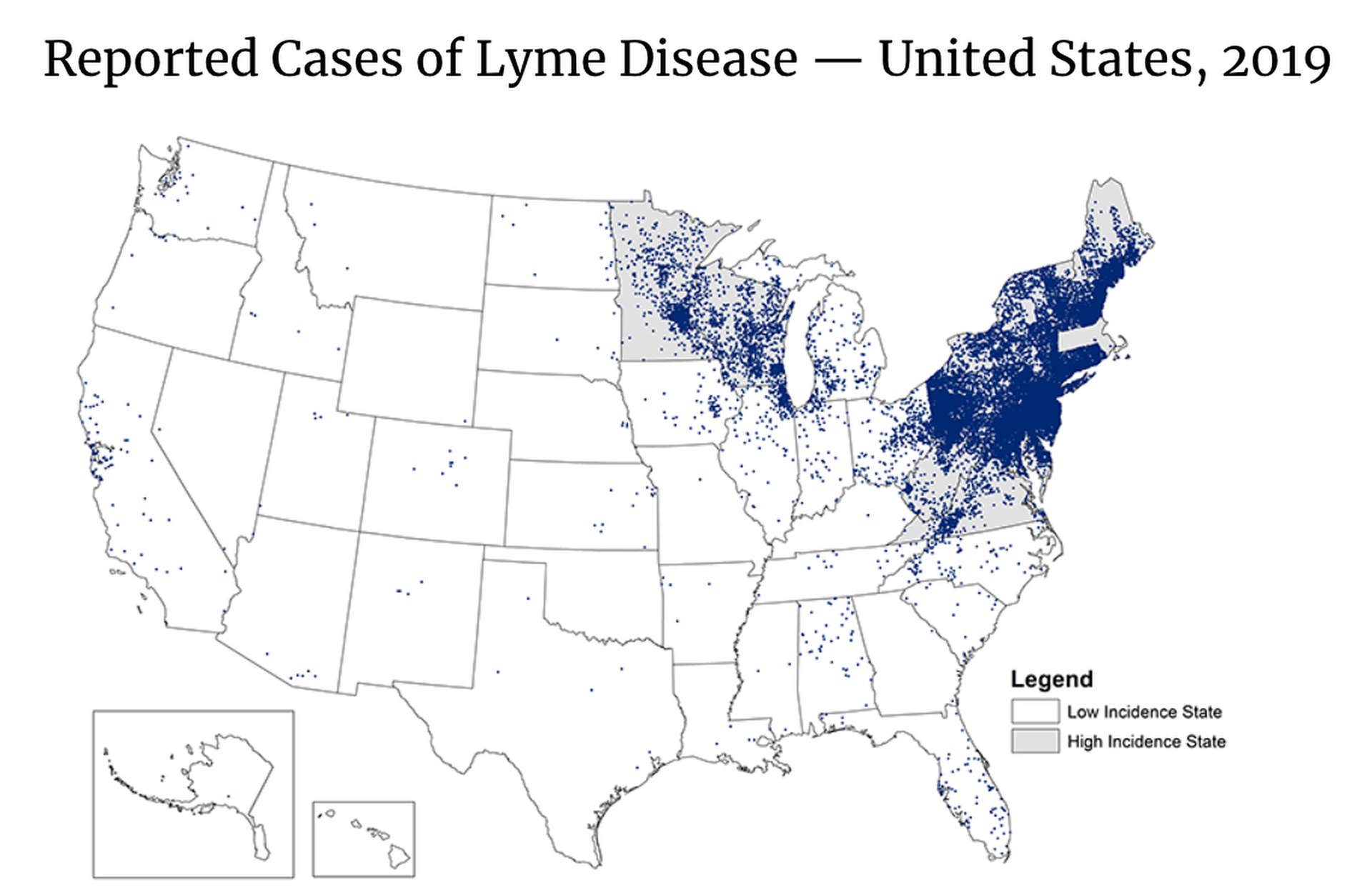 A dot map shows the location of reported cases of Lyme disease across the United States in 2019, with low incidence states having a white background and high incidence states having a gray background.