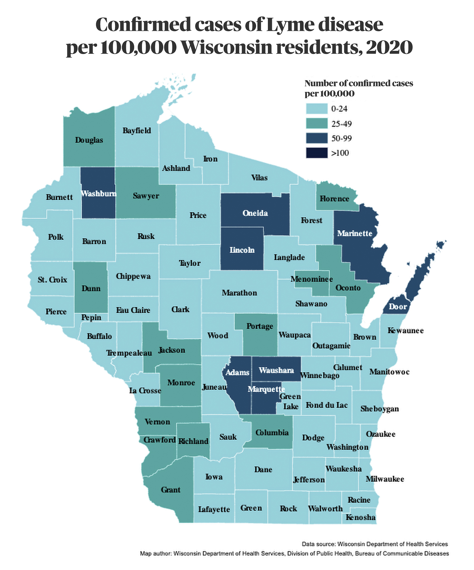 A map shows confirmed cases of Lyme disease in Wisconsin per 100,000 residents in 2020 at the county level with color coding for different rates.