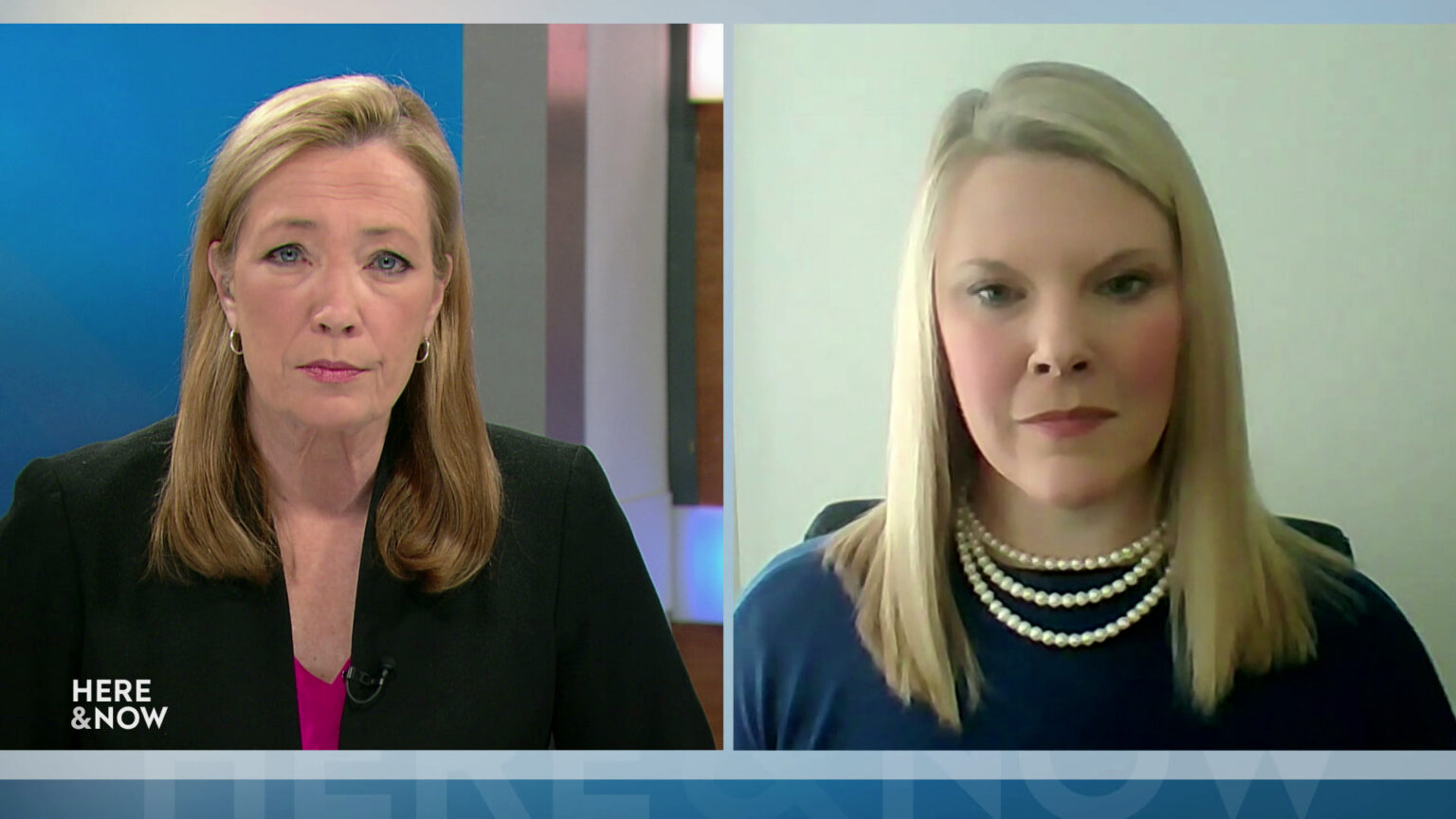 From left to right, a split screen with Frederica Freyberg and Meagan Wolfe in different locations