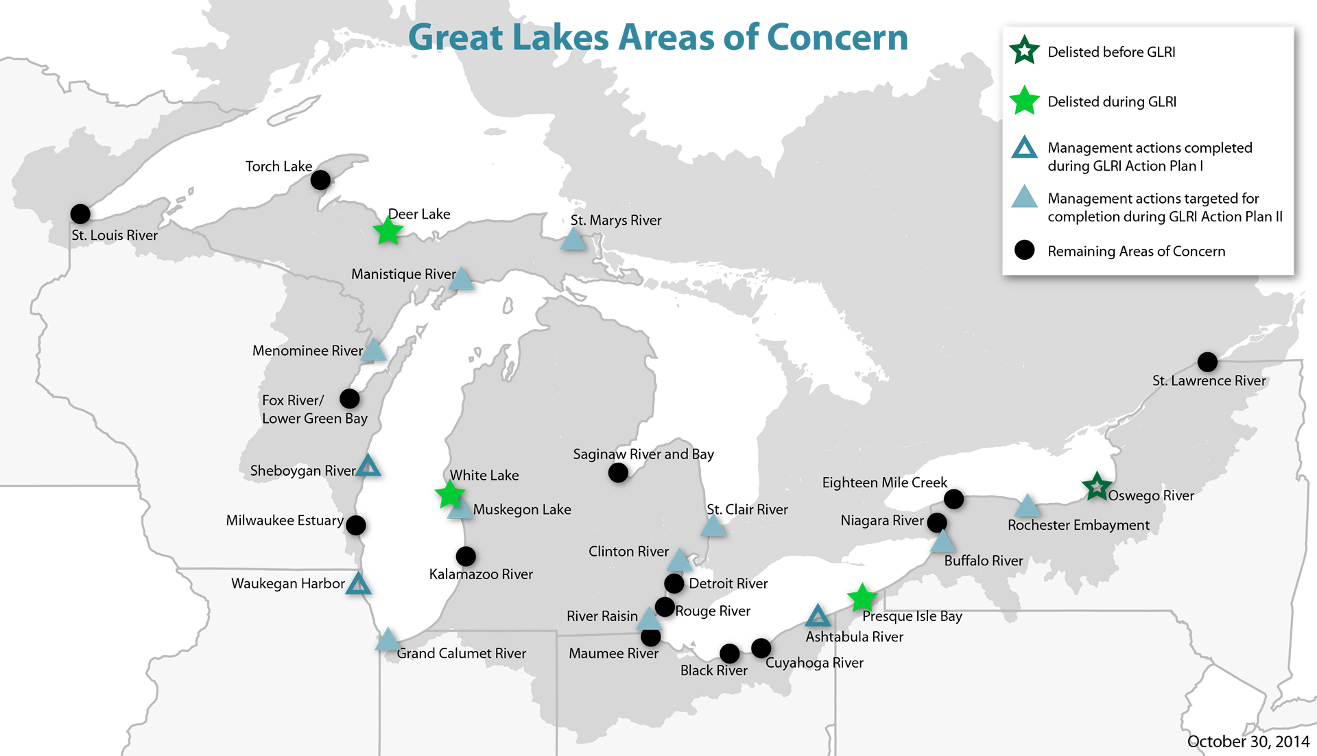 A map shows Great Lakes Areas of Concern, with different locations indicated by their listing status and management actions.
