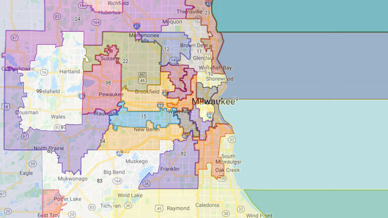 A crop of a map shows color-coded Assembly district lines in and around the Milwaukee area.