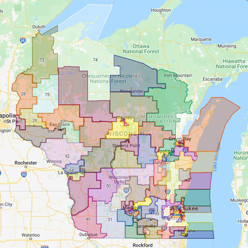 A map of Wisconsin shows color-coded Assembly district boundaries.