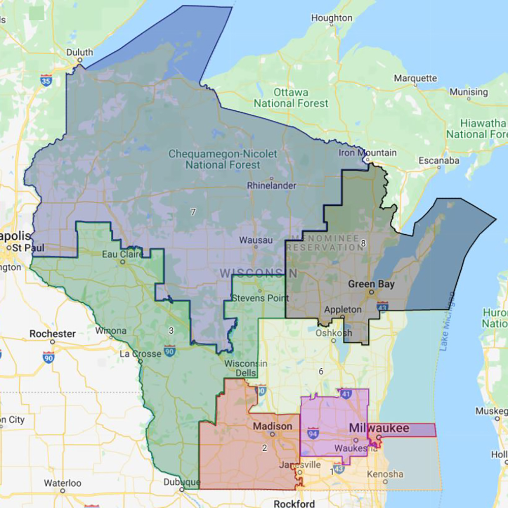 A map of Wisconsin shows color-coded Congressional district boundaries.
