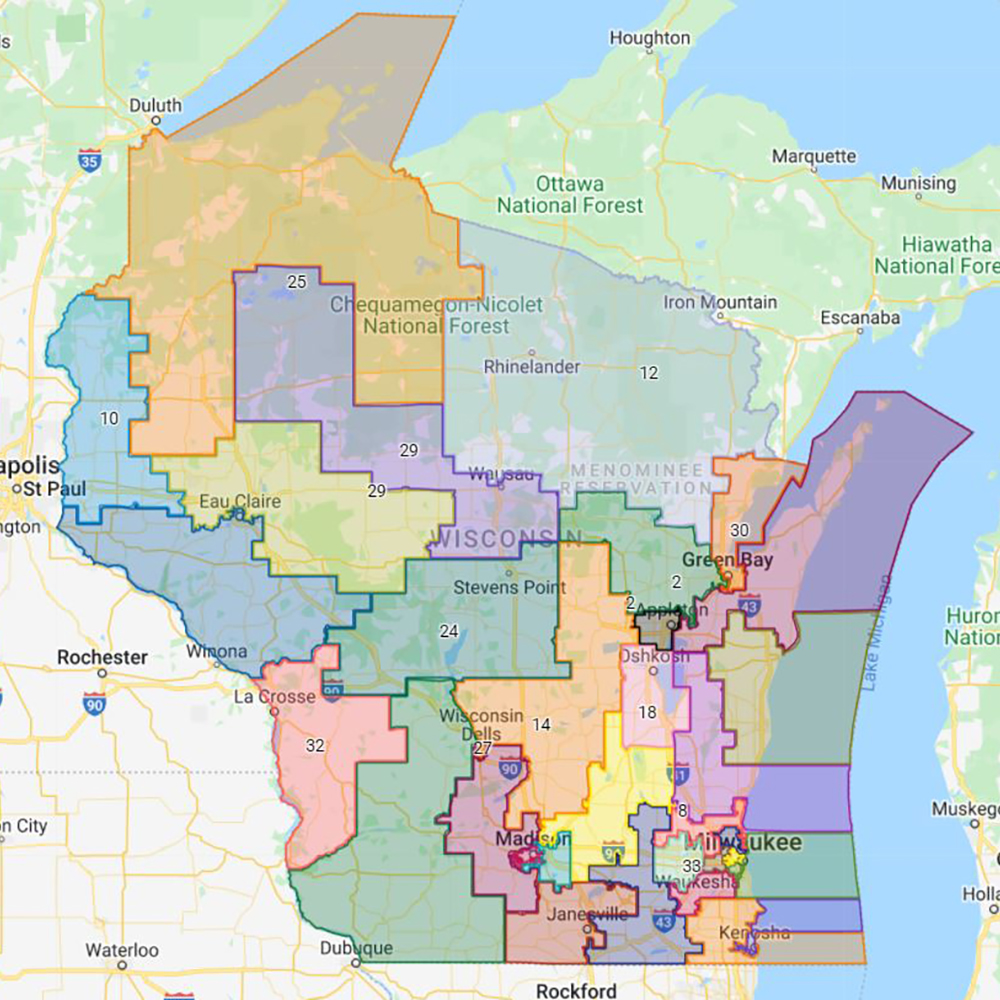 A map of Wisconsin shows color-coded state Senate district boundaries.
