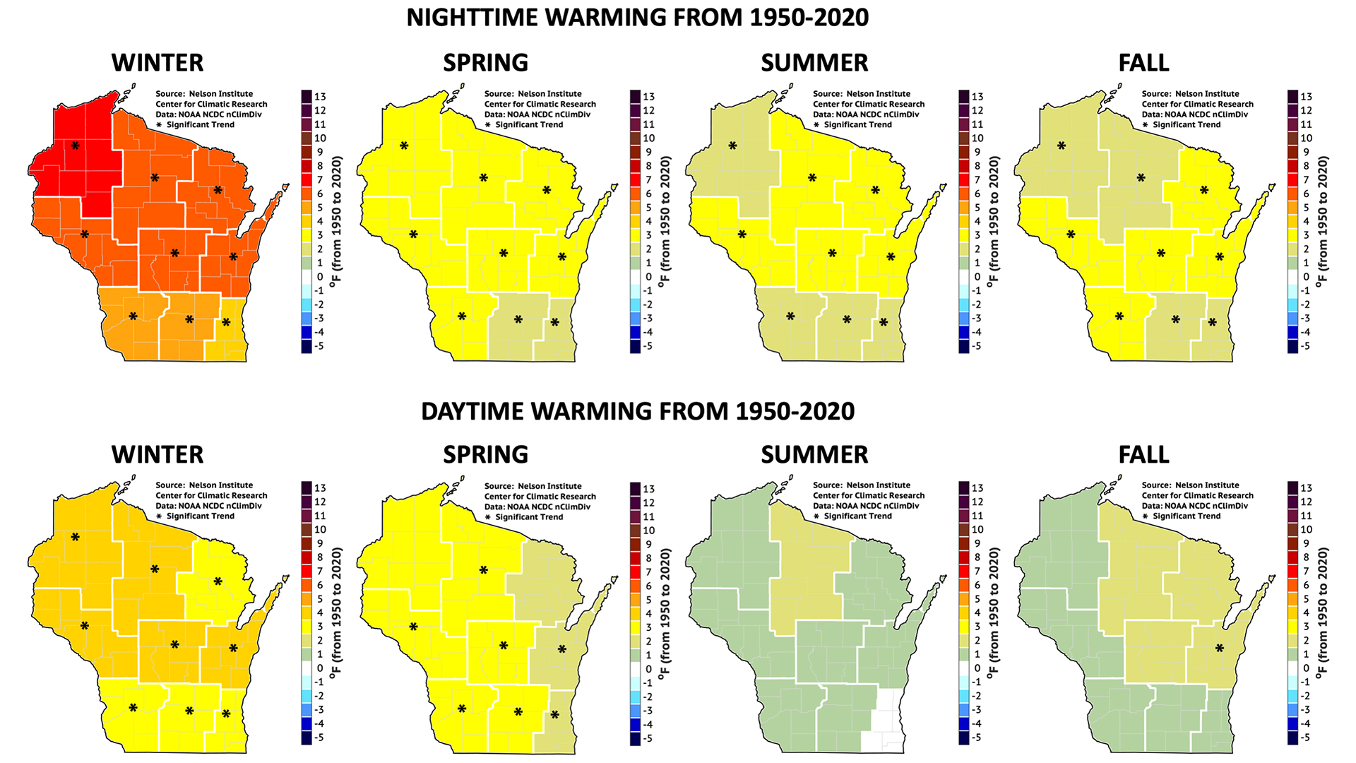 A series of eight maps shows the degree of warming of nighttime and daytime temperatures in Wisconsin regions from 1950-2020.