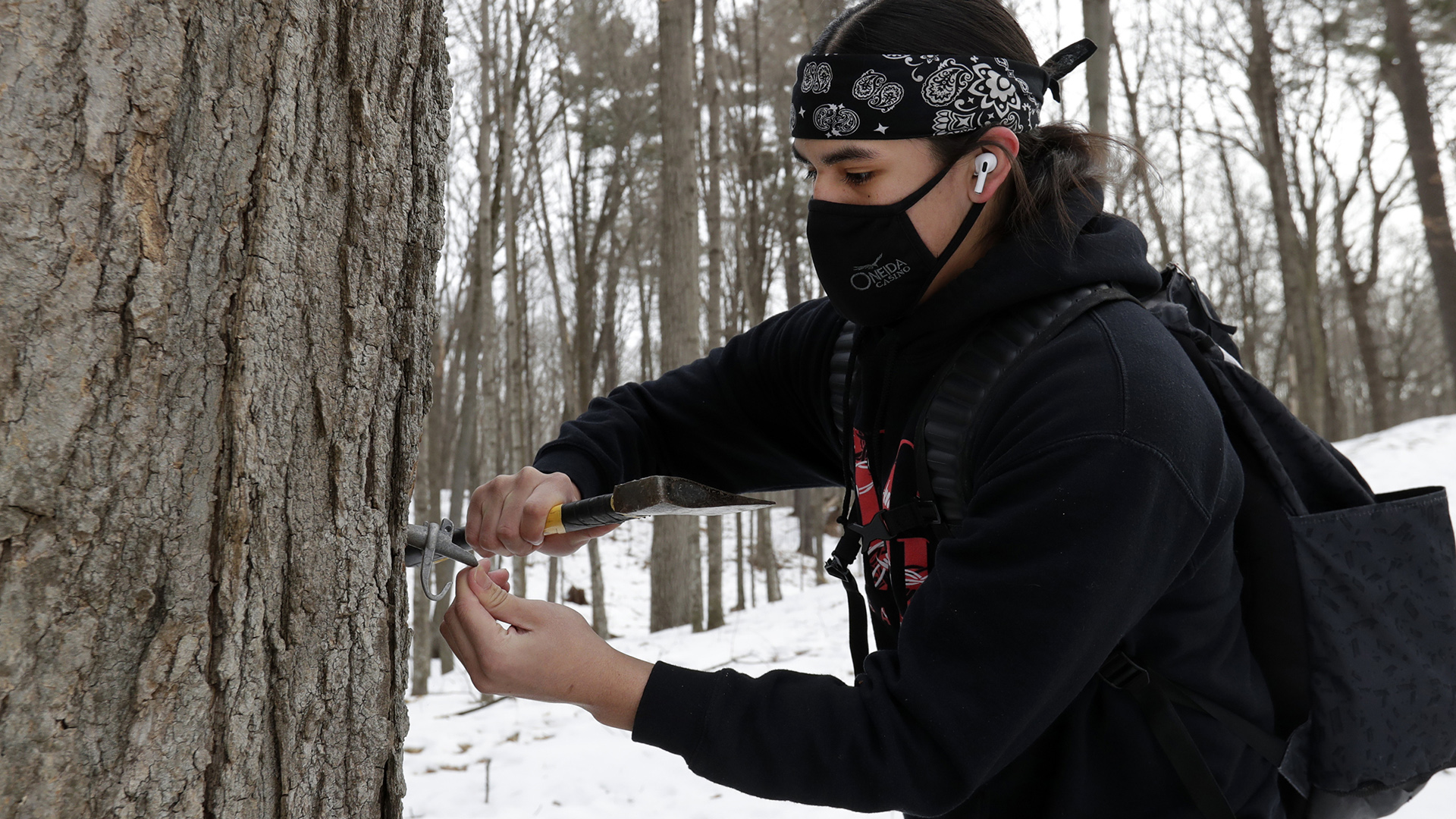 Dustin Elm stands next to a tree in a snow covered forest and collects sap.