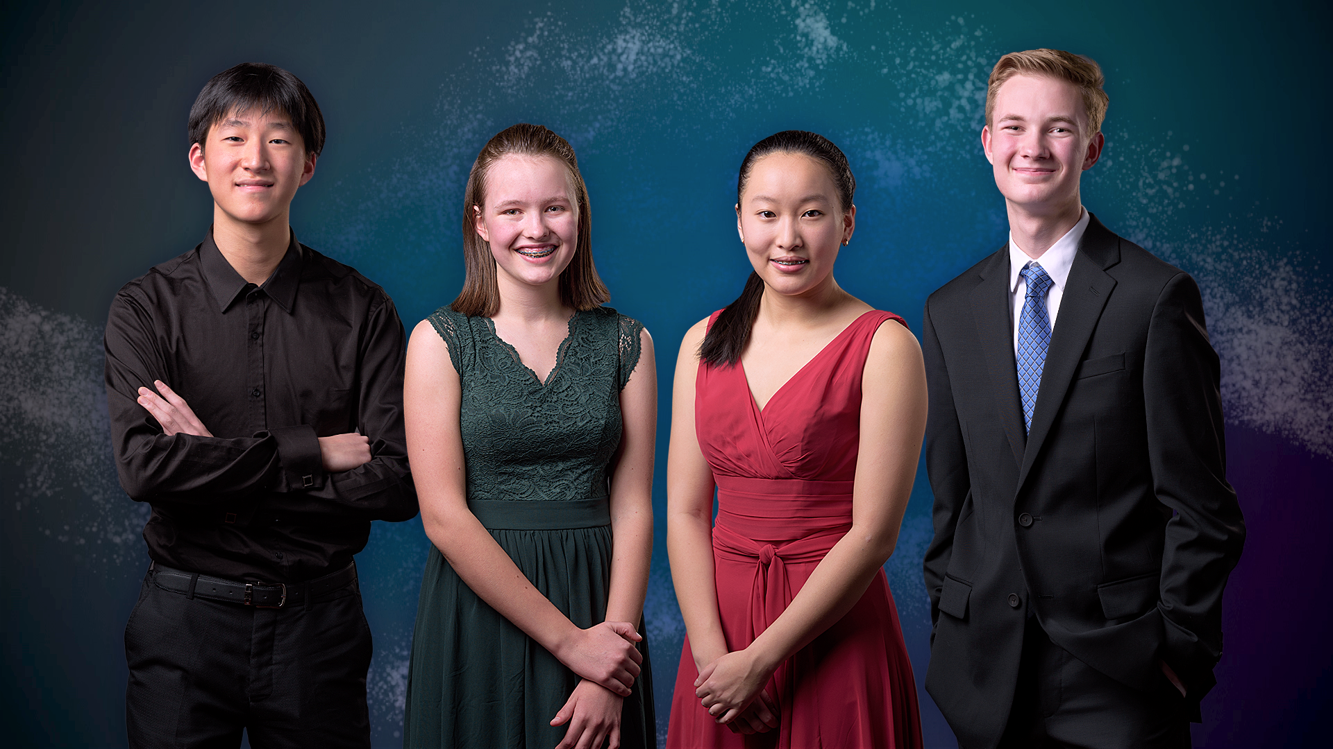Four young musicians stand in a portrait; Zak Chen, Jane Story, Ellen Zhou and Clark Snavely