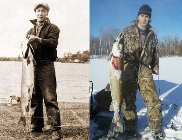 Two photos, one in sepia and the other in color, show Greg Biskakone Johnson and his grandfather holding large fish.