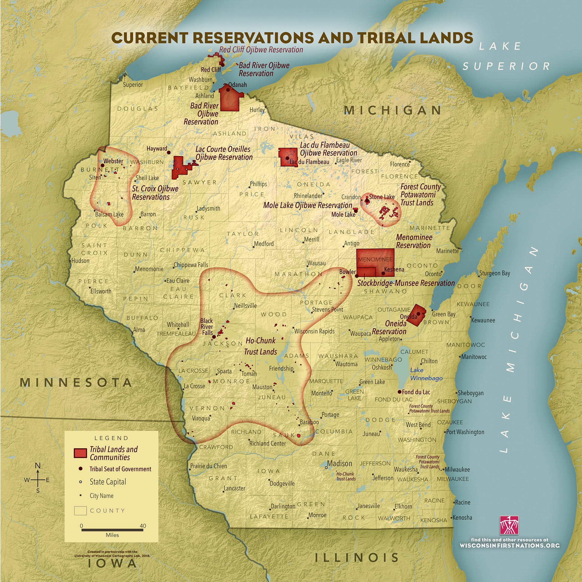 A map with the title "Current Reservations and Tribal Lands" shows the location of tribal lands or communities in Wisconsin.