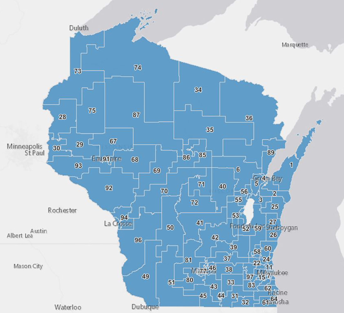 A map of Wisconsin shows numbered Assembly district boundaries.