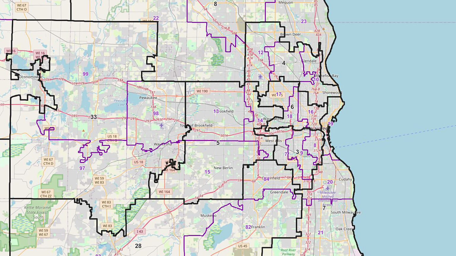 A crop of a map shows numbered Assembly and state Senate district lines in and around the Milwaukee area.
