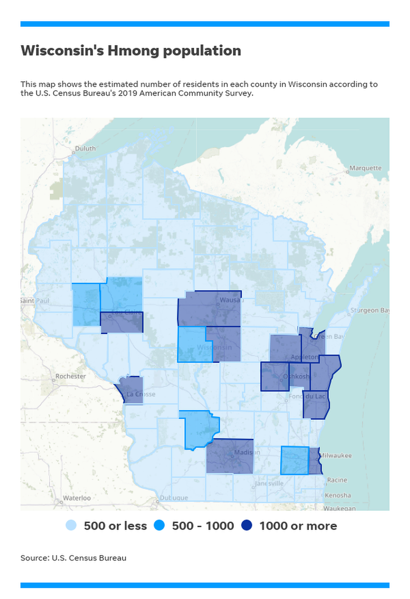 A map of Wisconsin features the title "WWisconsin's Hmong population" and the subtitle "This map shows the estimated number of residents in each county in Wisconsin according to the U.S. Census Bureau's 2019 American Community Survey."