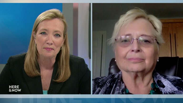 A split screen shows Frederica Freyberg and Janine Geske in different locations.