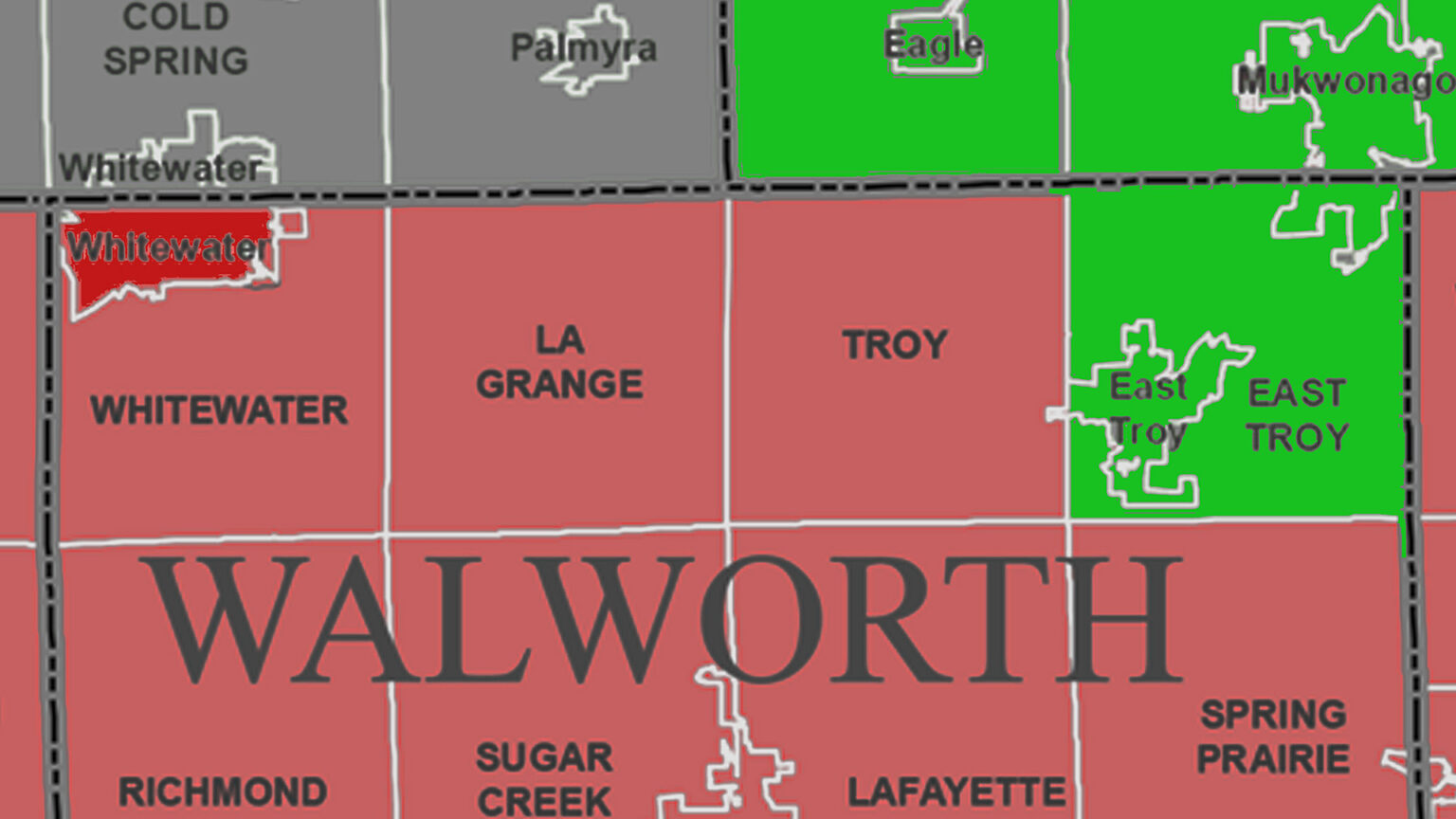 A crop of a map shows municipalities in Walworth County and adjacent counties color-coded to reflect their inclusion or exclusion from the 1st Congressional District following the 2022 redistricting.