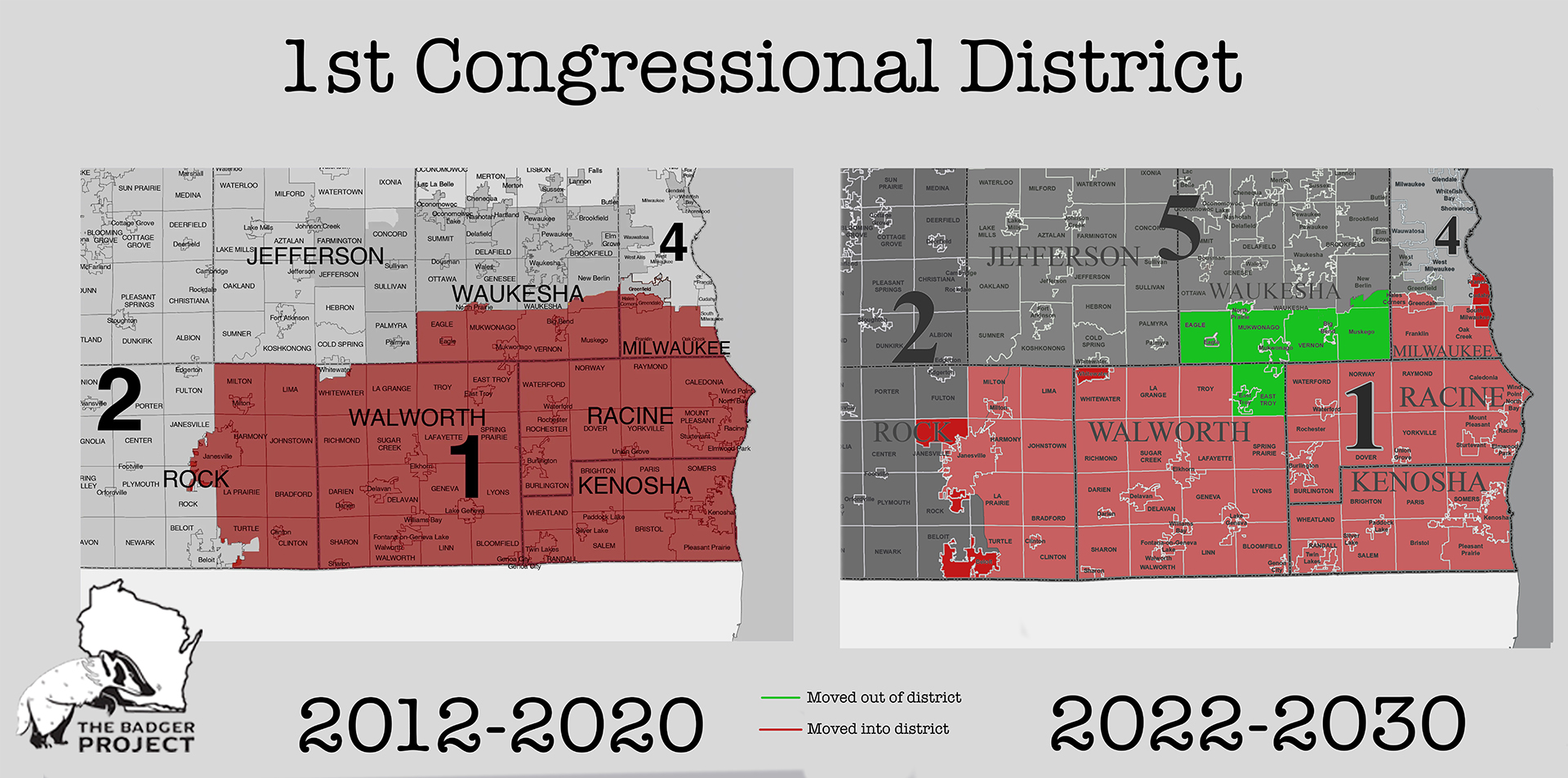Two side-by-side maps show the boundaries of Wisconsin's 1st Congressional District from 2012 to 2022, and those established for 2022 to 2030.