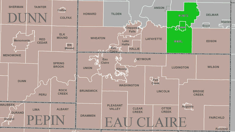 A crop of a map shows municipalities in DDunn, Eau Claire, Pepin and adjacent counties color-coded to reflect their inclusion or exclusion from the 3rd Congressional District following the 2022 redistricting.