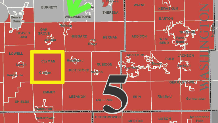 A crop of a map shows municipalities in southeastern Wisconsin color-coded to reflect their inclusion or exclusion from the 5th Congressional District following the 2022 redistricting.