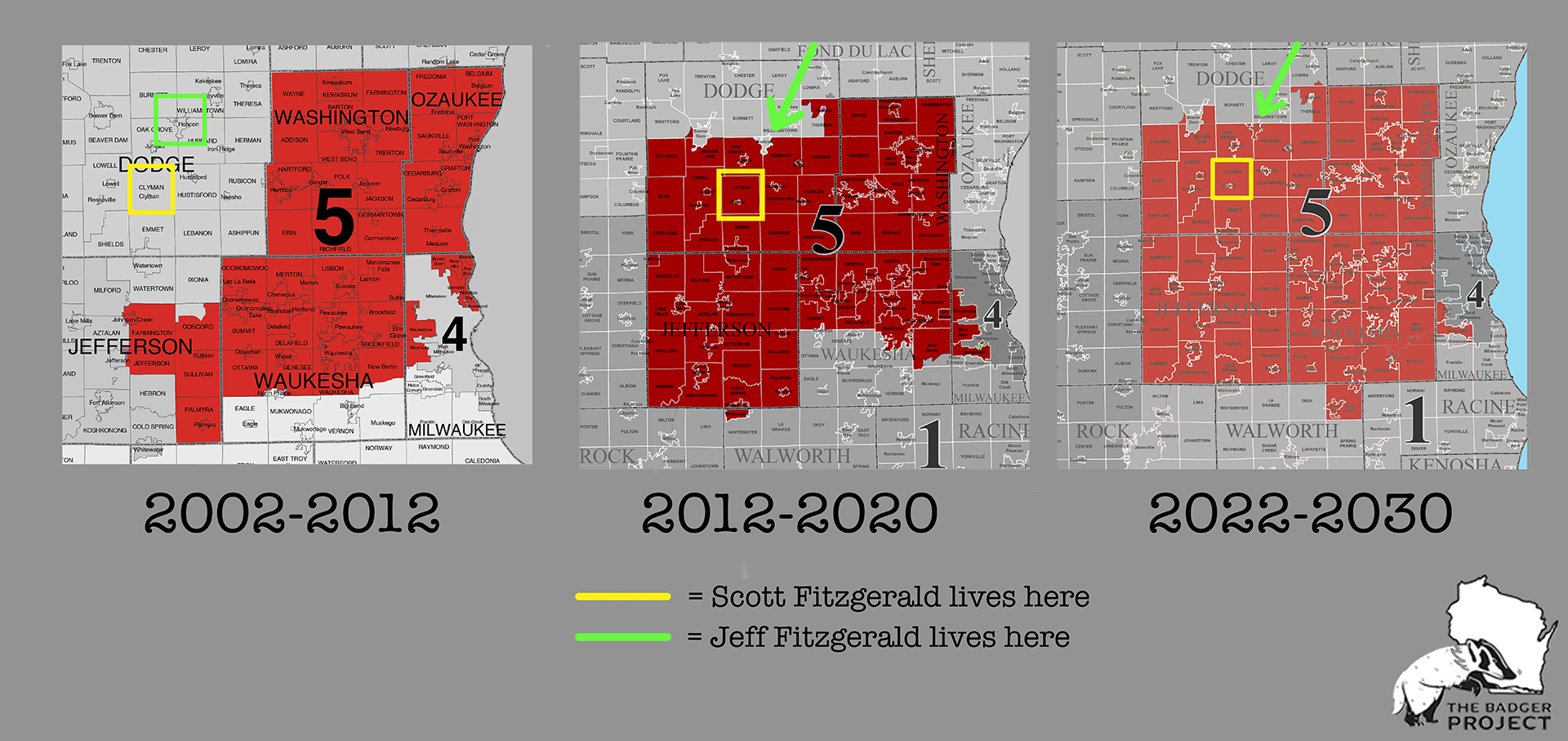 Three side-by-side maps show the boundaries of Wisconsin's 5th Congressional District from 2002 to 2012, from 2012 to 2022, and those established for 2022 to 2030, with markers indicating the municipalities where the Scott and Jeff Fitzgerald each reside.