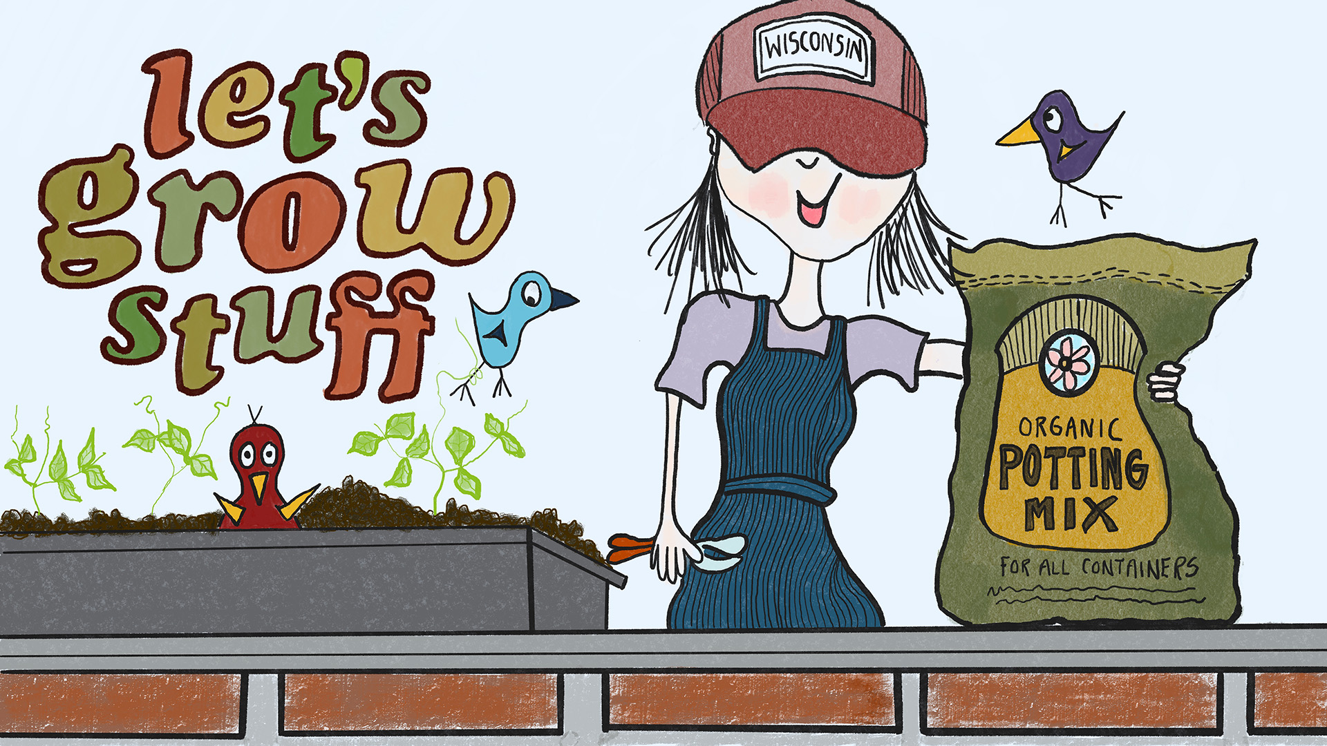 A colorful cartoon illustration of a gardener standing on a balcony, holding a bag of potting mix with three birds nearby