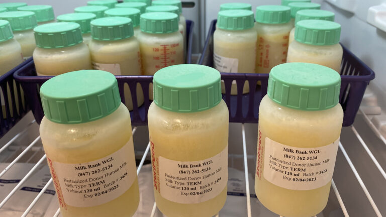 bottles of frozen human milk sit in storage on a freezer shelf