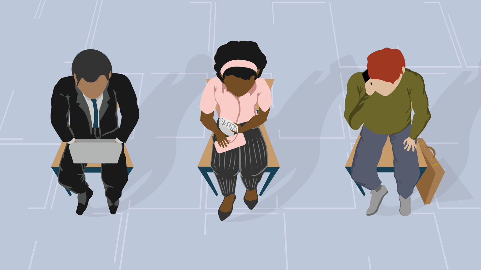 An illustration shows three people of different races sitting in chairs next to each other, one with a laptop, one with a resume and one with a phone and briefcase